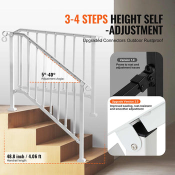 Handrails for Outdoor Steps, 3-4 Step Stair Hand Rail Kit, Transitional Carbon Steel Railings with Installation Kit, Stair Rails for Seniors, Concrete Steps & Porch & Deck, White Retro Arch