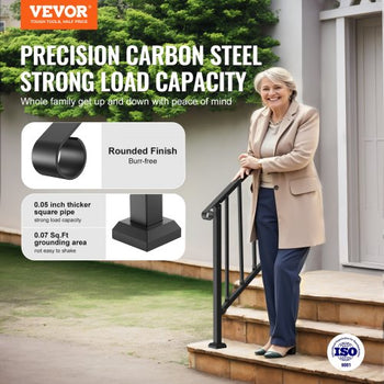 Handrails for Outdoor Steps, 2-3 Step Stair Hand Rail Kit, Transitional Carbon Steel Railings with Installation Kit, Stair Rails for Seniors, Concrete Steps & Porch & Deck, Black Retro Arch