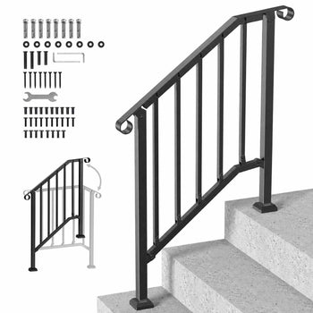 Handrails for Outdoor Steps, 2-3 Step Stair Hand Rail Kit, Transitional Carbon Steel Railings with Installation Kit, Stair Rails for Seniors, Concrete Steps & Porch & Deck, Black Retro Arch