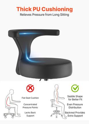 Rolling Stool with Back Support, 500 lbs Weight Capacity, Height Adjustable, Thick Cushion Ergonomic PU Leather Seat, 360° Swivel Round Rolling Stool Chair for Dental, Salon, Clinic, Black