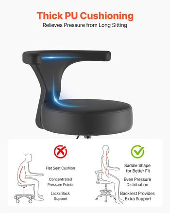 Rolling Stool with Back Support, 500 lbs Weight Capacity, Height Adjustable, Thick Cushion Ergonomic PU Leather Seat, 360° Swivel Round Rolling Stool Chair for Dental, Salon, Clinic, Black