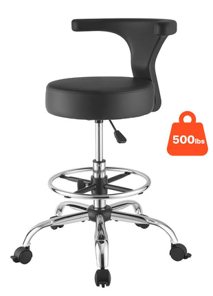 Rolling Stool with Back Support, 500 lbs Weight Capacity, Height Adjustable, Thick Cushion Ergonomic PU Leather Seat, 360° Swivel Round Rolling Stool Chair for Dental, Salon, Clinic, Black
