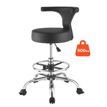 Rolling Stool with Back Support, 500 lbs Weight Capacity, Height Adjustable, Thick Cushion Ergonomic PU Leather Seat, 360° Swivel Round Rolling Stool Chair for Dental, Salon, Clinic, Black