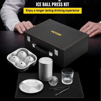 Ice Ball Press Kit, Anodized 7075 Aluminum, with Silicone Moulds, Large Mat, Stainless Steel Tong & Two Glasses, Double Size Crystal Clear Rounds for Whiskeys, Cocktails on Parties & Holidays