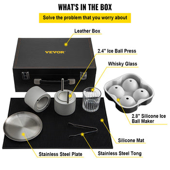 Ice Ball Press Kit, Anodized 7075 Aluminum, with Silicone Moulds, Large Mat, Stainless Steel Tong & Two Glasses, Double Size Crystal Clear Rounds for Whiskeys, Cocktails on Parties & Holidays