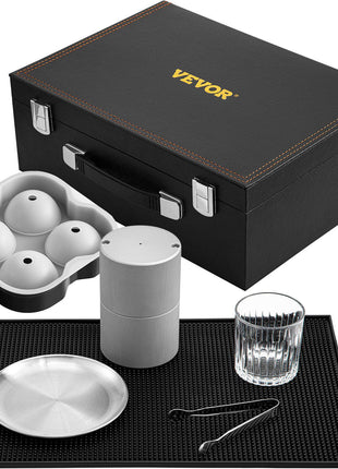Ice Ball Press Kit, Anodized 7075 Aluminum, with Silicone Moulds, Large Mat, Stainless Steel Tong & Two Glasses, Double Size Crystal Clear Rounds for Whiskeys, Cocktails on Parties & Holidays