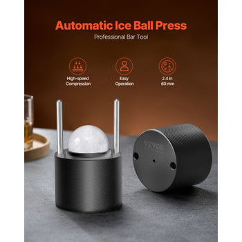 Ice Ball Press Kit, Aviation Aluminum Ice Press with Ice Block Mold, Large Mat, Tong, Drip Tray, One Glass, Round Ice Ball Maker 2.4"/60 mm Ice Sphere, for Whiskey, Cocktail on Party & Holiday