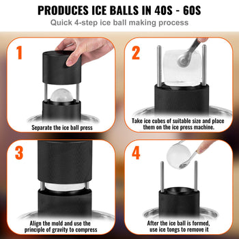 Black ice ball maker, durable plastic, quick 4-step process, creates perfect ice balls in under 60 seconds.