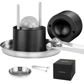Vevor stainless steel ice ball mold set with black silicone mold, tongs, and tray for stylish ice creation.