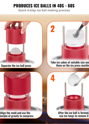 Red ice ball maker, creating spherical ice in 40-60 seconds, featuring durable plastic and stainless steel components.