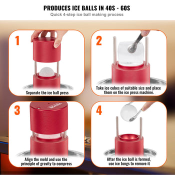 Red ice ball maker, creating spherical ice in 40-60 seconds, featuring durable plastic and stainless steel components.