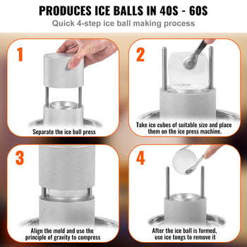 "Stainless steel ice ball maker in gray, producing perfectly round ice balls in 40-60 seconds."