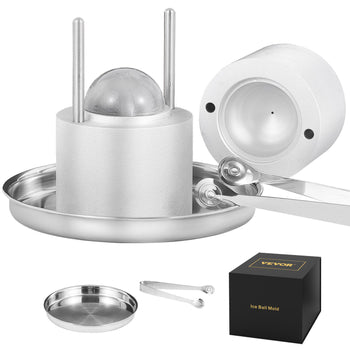 Stainless steel ice ball mold set with silver tray, tongs, and black packaging for crafting perfect ice spheres.