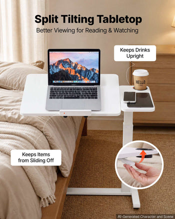 Overbed Table 31.5"W x 15.7"D Mobile Bedside Table with Wheels White, for Home Office Bed Couch, Height Adjustable Rolling Laptop Desk, Portable Standing Cart with Tilting Desktop & Cup Holder