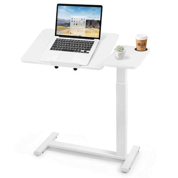 Overbed Table 31.5"W x 15.7"D Mobile Bedside Table with Wheels White, for Home Office Bed Couch, Height Adjustable Rolling Laptop Desk, Portable Standing Cart with Tilting Desktop & Cup Holder