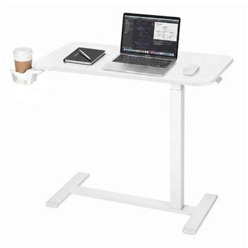 Overbed Table 31.5"W x 15.7"D Mobile Bedside Table with Hidden Wheels, for Home Office Bed Couch, Height Adjustable Rolling Laptop Desk, Hydraulic Portable Standing Cart with Cup Holder, White