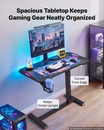 Overbed Table 31.5"W x 17.7"D Mobile Gaming Desk with Hidden Wheels, for Home Office Bed Couch, Height Adjustable Bedside Rolling Laptop Desk, Standing Cart with RGB Light & Cup Holder, Black