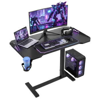 Overbed Table 31.5"W x 17.7"D Mobile Gaming Desk with Hidden Wheels, for Home Office Bed Couch, Height Adjustable Bedside Rolling Laptop Desk, Standing Cart with RGB Light & Cup Holder, Black