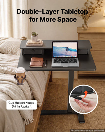 Overbed Table 27.6"W x 19.7"D Mobile Bedside Table with Hidden Wheels, for Home Office Bed Couch, Height Adjustable Rolling Laptop Desk, Standing Cart with 2-Layer Top, Drawer, Cup Holder, Black