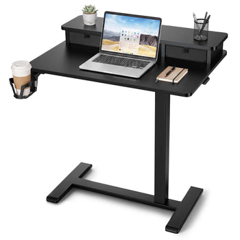 Overbed Table 27.6"W x 19.7"D Mobile Bedside Table with Hidden Wheels, for Home Office Bed Couch, Height Adjustable Rolling Laptop Desk, Standing Cart with 2-Layer Top, Drawer, Cup Holder, Black