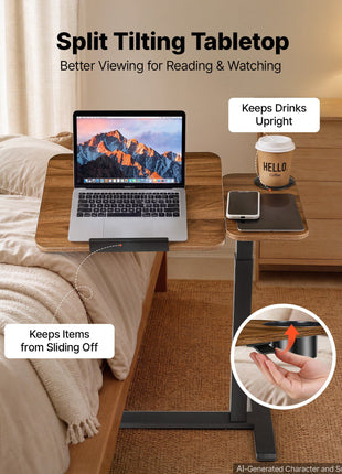 Overbed Table 27.6"W x 15.7"D Mobile Bedside Table with Hidden Wheels, for Home Office Bed Couch, Height Adjustable Rolling Laptop Desk, Standing Cart with Tilting Desktop & Cup Holder, Brown