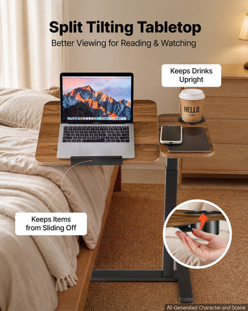 Overbed Table 27.6"W x 15.7"D Mobile Bedside Table with Hidden Wheels, for Home Office Bed Couch, Height Adjustable Rolling Laptop Desk, Standing Cart with Tilting Desktop & Cup Holder, Brown