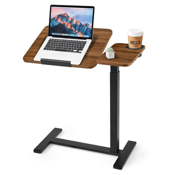 Overbed Table 27.6"W x 15.7"D Mobile Bedside Table with Hidden Wheels, for Home Office Bed Couch, Height Adjustable Rolling Laptop Desk, Standing Cart with Tilting Desktop & Cup Holder, Brown