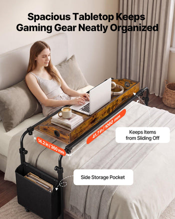 Overbed Table 41.7"W x 14.2"D Mobile Bed Desk with Swivel Wheels, for Bedroom Living Room Home Office, Adjustable Height & Length, Rolling Table with Side Storage Pocket & Raised Edge, Brown