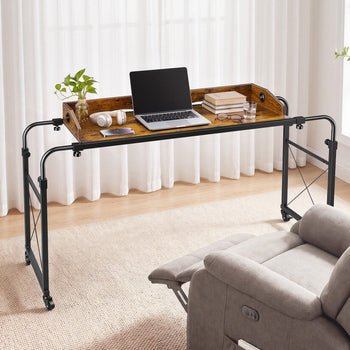 Overbed Table 41.7"W x 14.2"D Mobile Bed Desk with Swivel Wheels, for Bedroom Living Room Home Office, Adjustable Height & Length, Rolling Table with Side Storage Pocket & Raised Edge, Brown