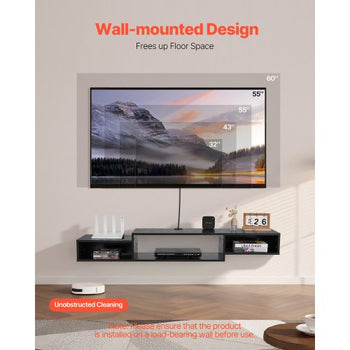 Floating TV Stand, 59" Wall Mount Entertainment Center with Power Outlet & Cable Hole, Modern Floating TV Shelf with Storage Cabinet for DVD Player, Cable Box, Game Console, TV Accessory, Black