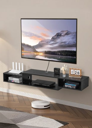 Floating TV Stand, 59" Wall Mount Entertainment Center with Power Outlet & Cable Hole, Modern Floating TV Shelf with Storage Cabinet for DVD Player, Cable Box, Game Console, TV Accessory, Black