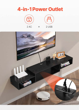 Floating TV Stand, 59" Wall Mount Entertainment Center with Power Outlet & Cable Hole, Modern Floating TV Shelf with Storage Cabinet for DVD Player, Cable Box, Game Console, TV Accessory, Black