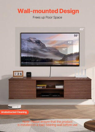 Floating TV Stand, 60" Wall Mount Entertainment Center with Adjustable Shelf & Sliding Doors, 2 Tiers Floating TV Shelf with Storage Cabinet for DVD Player, Cable Box, Game Console, Walnut