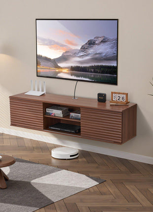 Floating TV Stand, 60" Wall Mount Entertainment Center with Adjustable Shelf & Sliding Doors, 2 Tiers Floating TV Shelf with Storage Cabinet for DVD Player, Cable Box, Game Console, Walnut