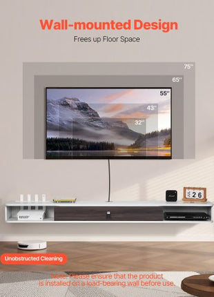 Floating TV Stand, 70 in Wall Mount Entertainment Center with Cable Hole, Modern Floating TV Shelf with Storage Cabinet, Particle Board Console for DVD Player, Cable Box, Game Console, White
