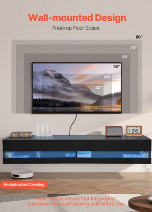 Floating TV Stand, 71 in Wall Mount Entertainment Center with Power Outlet & LED Lights, Modern Floating TV Shelf with 2 Drawers & Storage Cabinet for DVD Player, Cable Box, Game Console, Black