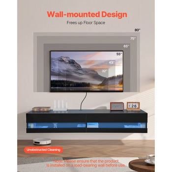 Floating TV Stand, 71 in Wall Mount Entertainment Center with Power Outlet & LED Lights, Modern Floating TV Shelf with 2 Drawers & Storage Cabinet for DVD Player, Cable Box, Game Console, Black