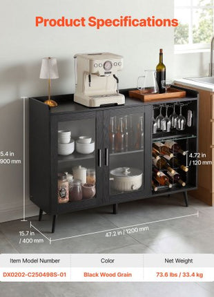 Wine Cabinet, Coffee Bar Cabinet with 9 Wine Bottle Racks, Modern Buffet Sideboard with Glass Holder, Adjustable LED Brightness, for Home Kitchen, Living Room, Dining Room, Black Wood Grain