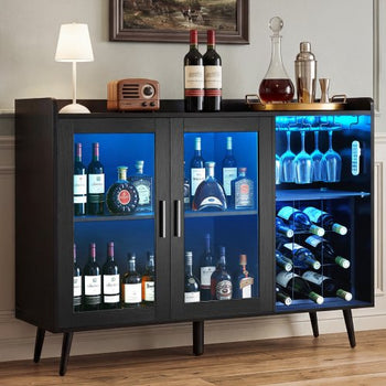 Wine Cabinet, Coffee Bar Cabinet with 9 Wine Bottle Racks, Modern Buffet Sideboard with Glass Holder, Adjustable LED Brightness, for Home Kitchen, Living Room, Dining Room, Black Wood Grain
