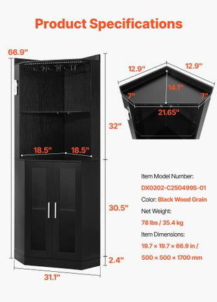 Corner Wine Cabinet, Bar Cabinet with Ample Storage, Modern Buffet Sideboard with Glass Holder, Adjustable LED Brightness, Anti-Tip Strap, for Home Kitchen, Living Room, Dining Room, Black Wood