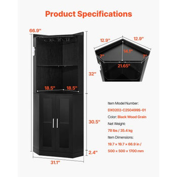 Corner Wine Cabinet, Bar Cabinet with Ample Storage, Modern Buffet Sideboard with Glass Holder, Adjustable LED Brightness, Anti-Tip Strap, for Home Kitchen, Living Room, Dining Room, Black Wood