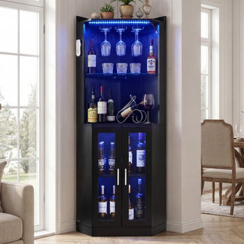 Corner Wine Cabinet, Bar Cabinet with Ample Storage, Modern Buffet Sideboard with Glass Holder, Adjustable LED Brightness, Anti-Tip Strap, for Home Kitchen, Living Room, Dining Room, Black Wood