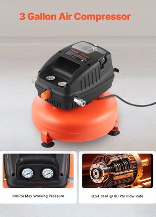 3 Gallon Air Compressor, 1/3HP 0.54CFM @ 90PSI Portable Pancake Air Compressor & 100PSI Max Working Pressure, Oil-Free Compressor Tank for Tire Inflation, Spray Painting, Woodwork Nailing, 120V