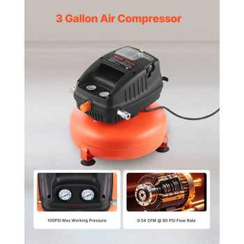 3 Gallon Air Compressor, 1/3HP 0.54CFM @ 90PSI Portable Pancake Air Compressor & 100PSI Max Working Pressure, Oil-Free Compressor Tank for Tire Inflation, Spray Painting, Woodwork Nailing, 120V