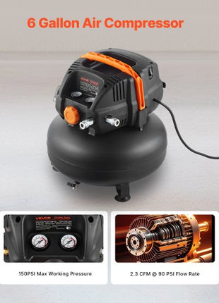 6 Gallon Air Compressor, 1.7HP 2.3CFM@90PSI Portable Pancake Air Compressor & 150PSI Max Pressure, 12-Piece Accessory Kit with 25FT Air Hose for Tire Inflation, Spray Painting, Woodwork Nailing