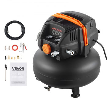 6 Gallon Air Compressor, 1.7HP 2.3CFM@90PSI Portable Pancake Air Compressor & 150PSI Max Pressure, 12-Piece Accessory Kit with 25FT Air Hose for Tire Inflation, Spray Painting, Woodwork Nailing