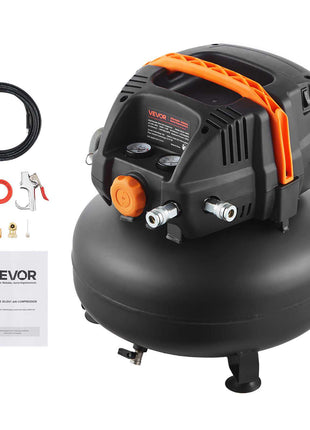 6 Gallon Air Compressor, 1.7HP 2.3CFM@90PSI Portable Pancake Air Compressor & 150PSI Max Pressure, 12-Piece Accessory Kit with 25FT Air Hose for Tire Inflation, Spray Painting, Woodwork Nailing
