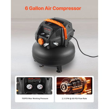 6 Gallon Air Compressor, 1.7HP 2.3CFM@90PSI Portable Pancake Air Compressor & 150PSI Max Pressure, 12-Piece Accessory Kit with 50FT Air Hose for Tire Inflation, Spray Painting, Woodwork Nailing