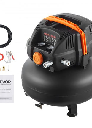 6 Gallon Air Compressor, 1.7HP 2.3CFM@90PSI Portable Pancake Air Compressor & 150PSI Max Pressure, 12-Piece Accessory Kit with 50FT Air Hose for Tire Inflation, Spray Painting, Woodwork Nailing