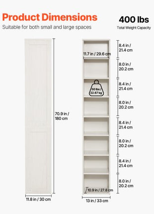 8 Tiers Narrow Bookshelf, 71 in Wooden Tall Open Bookcase with  Height-Adjustable Shelf, Freestanding Display Storage Floor Bookcase Bookshelf for Library, Bedroom, Living Room, Office, White